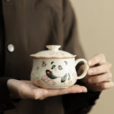 Ding Kiln Beige Panda & Butterfly Mug – Floral-Rim Ceramic Tea-Coffee Cup with Infuser