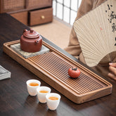 Walnut Wood & Stone "Bamboo Harmony" Tea Tray – Chinese Painting Style Gongfu Tea Table with Integrated Drainage & Water Storage