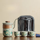 Ru Kiln Lotus Travel Tea Set in Celadon Green – Portable Crackled Teapot with 3 Cups for Outdoor Brewing