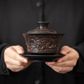 Qingxi Zitao Gaiwan – Handmade Purple Clay Three-Piece Tea Bowl with Relief Carving, Vintage Chinese Gongfu Teaware