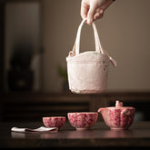 Rose-Pink Glazed "Peony Elegance" Travel Tea Set – 1 Teapot & 2 Cups, Portable Ceramic Kung Fu Teaware