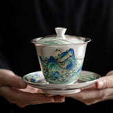 A Thousand Miles of Rivers and Mountains Silver-Inlaid Gaiwan – 120ml Ru Kiln Covered Teacup, Luxury Gongfu Tea Bowl Gift Set