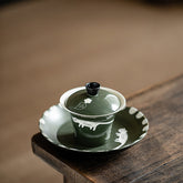 Hand-Painted Olive Green Cat Gaiwan – 150ml