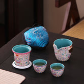 Enamel Floral Travel Tea Set – “Blooming Prosperity” Design, Portable Ceramic Teapot with Two Cups