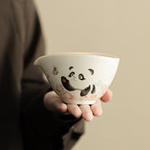 Cream Ding Ware Gongdao Cup – 125ml “Panda & Butterfly on Boat” Ceramic Fair Cup