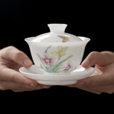 Hand-Painted Gaiwan – 135ml Premium White Jade Clay Three-Piece Covered Tea Bowl, Ice-Jade Glaze, Heat-Resistant Gongfu Teacup