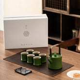 Bamboo Green Glaze Tea Set – One Teapot with Six Bamboo-Form Cups, Ceramic Gongfu Tea Gift Set