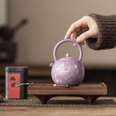 Purple Ru-Glazed Lotus Peony Teapot with Handle –210ml Silver-Rim Gongfu Teapot