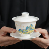 Dehua White Porcelain Gaiwan – 180ml "A Thousand Miles of Rivers and Mountains" Design