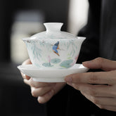 Premium Hand-Painted Gaiwan – 135ml Ice-Jade Porcelain Floral & Bird Design, White Jade Clay Covered Bowl, Chinese Gongfu Teaware
