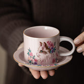 Pink Ru Kiln Floral Cat Coffee Cup & Saucer Set – 150ml Ceramic Tea Mug for Home & Office