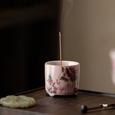 Pink Ru Kiln Three-Legged Incense Burner – Floral Cat Ceramic Censer for Home & Teaware Decor
