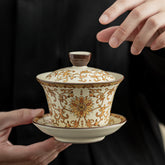 Ru Kiln "Golden Blessing" Gaiwan – 150ml Large Ceramic Three-Piece Tea Bowl, Gongfu Teaware