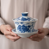 Classic Blue and White Gaiwan – 300ml Chinese Vintage-Style Three-Piece Tea Bowl, White Porcelain Gongfu Teaware for Home Use