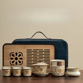 Ru Kiln “Golden Blossom & Blessing” Travel Tea Set – Portable Ceramic Teapot, Tray & Accessories