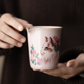 Pink Ru Kiln Fair Cup with Floral Cat – 220ml Ceramic Fair Cup for Gongfu Tea