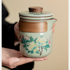 Ru Kiln Lotus Travel Tea Set in Celadon Green – Portable Crackled Teapot with 3 Cups for Outdoor Brewing