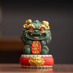 Prosperity Lion Figurine – Auspicious Feng Shui Ornament for Wealth & Fortune, Green Sandstone Sculpture with Gift Box