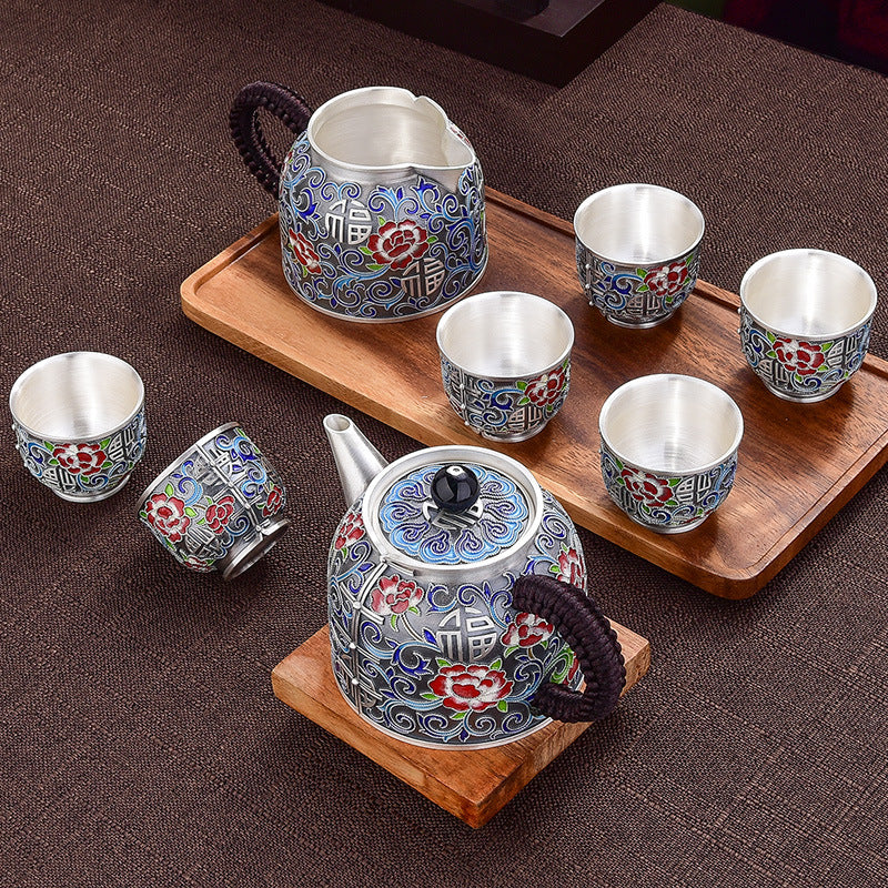 Enamel Sterling Silver 999 Tea Set