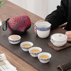 “Xixiang Ji” Travel Tea Set – Portable Ceramic Teapot with 4 Cups, Kung Fu Tea Set with Carrying Case