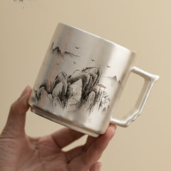 “Ink Mountains” Sterling-Silver Office Mug – Luxury Chinese Tea Infuser Cup with Gift Box