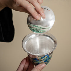 A Thousand Miles of Rivers and Mountains Silver-Inlaid Gaiwan – 120ml Ru Kiln Covered Teacup, Luxury Gongfu Tea Bowl Gift Set