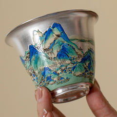 A Thousand Miles of Rivers and Mountains Silver-Inlaid Gaiwan – 120ml Ru Kiln Covered Teacup, Luxury Gongfu Tea Bowl Gift Set