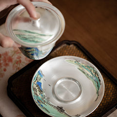 A Thousand Miles of Rivers and Mountains Silver-Inlaid Gaiwan – 120ml Ru Kiln Covered Teacup, Luxury Gongfu Tea Bowl Gift Set