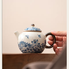 Handmade Jingdezhen Ru Kiln Teapot - 200ml Blue & White Butterfly Design