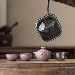 Chinese Style Purple Ru-Glazed Travel Tea Set – Teapot with 2 Cups, Lotus Motif, Portable Ceramic Gongfu Kit