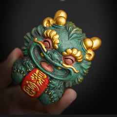 Prosperity Lion Figurine – Auspicious Feng Shui Ornament for Wealth & Fortune, Green Sandstone Sculpture with Gift Box