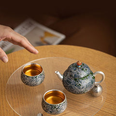Handmade Silver-Glazed Ceramic Tea Set - 180ml Pot with 2 Cups