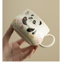 Ding Kiln Beige Panda & Butterfly Mug – Floral-Rim Ceramic Tea-Coffee Cup with Infuser