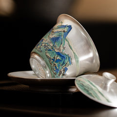 A Thousand Miles of Rivers and Mountains Silver-Inlaid Gaiwan – 120ml Ru Kiln Covered Teacup, Luxury Gongfu Tea Bowl Gift Set
