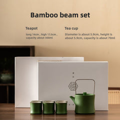 Bamboo Green Glaze Tea Set – One Teapot with Six Bamboo-Form Cups, Ceramic Gongfu Tea Gift Set