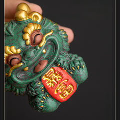 Prosperity Lion Figurine – Auspicious Feng Shui Ornament for Wealth & Fortune, Green Sandstone Sculpture with Gift Box