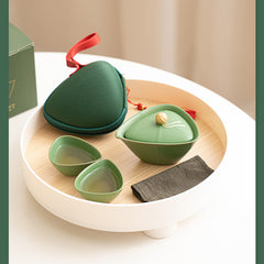 “Zongzi” Travel Tea Set – Dumpling-Inspired Ceramic Teapot with Two Cups, Portable Gongfu Tea Gift Set