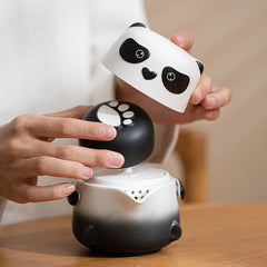 “Panda Fubao Gift Set” Travel Tea Set – Portable Ceramic Teapot with two Cups, Gongfu Tea Kit for Outdoor Use