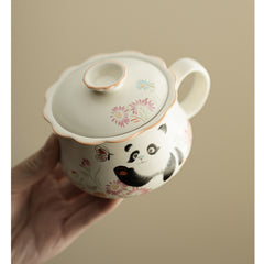 Ding Kiln Beige Panda & Butterfly Mug – Floral-Rim Ceramic Tea-Coffee Cup with Infuser