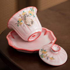 Zhurong Glaze Gaiwan – 120ml Yellow Floral Cat Three-Part Covered Bowl, Ceramic Gongfu Teaware