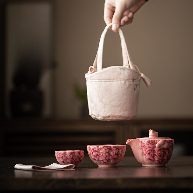 Rose-Pink Glazed "Peony Elegance" Travel Tea Set – 1 Teapot & 2 Cups, Portable Ceramic Kung Fu Teaware