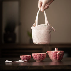 Rose-Pink Glazed "Peony Elegance" Travel Tea Set – 1 Teapot & 2 Cups, Portable Ceramic Kung Fu Teaware