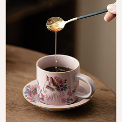 Pink Ru Kiln Floral Cat Coffee Cup & Saucer Set – 150ml  Ceramic Tea Mug for Home & Office