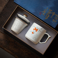 Linglong White Porcelain Office Mug – 400ml Tea-Separating Ceramic Cup with Lid & Infuser