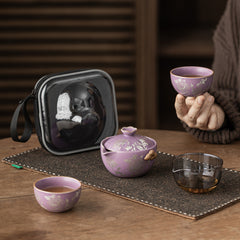 Chinese Style Purple Ru-Glazed Travel Tea Set – Teapot with 2 Cups, Lotus Motif, Portable Ceramic Gongfu Kit