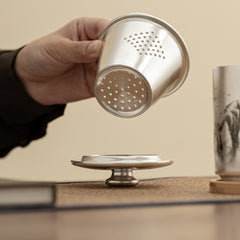 “Ink Mountains” Sterling-Silver Office Mug – Luxury Chinese Tea Infuser Cup with Gift Box