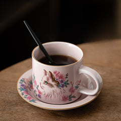 Pink Ru Kiln Floral Cat Coffee Cup & Saucer Set – 150ml  Ceramic Tea Mug for Home & Office