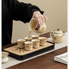 Ru Kiln “Golden Blossom & Blessing” Travel Tea Set – Portable Ceramic Teapot, Tray & Accessories