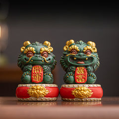 Prosperity Lion Figurine – Auspicious Feng Shui Ornament for Wealth & Fortune, Green Sandstone Sculpture with Gift Box