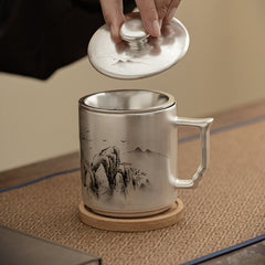 “Ink Mountains” Sterling-Silver Office Mug – Luxury Chinese Tea Infuser Cup with Gift Box